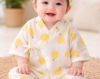 100% Cotton Muslin Kimono Baby Romper, Strawberry Print, Long Sleeve Wrap Bodysuit For kids