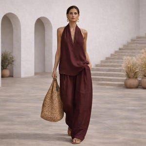 Conjunto de pantalón ancho de lino para mujer, top de tirantes con cuello halter, atuendo bohemio para vacaciones de verano.