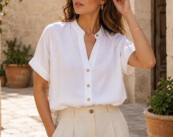 Linen Button Down Blouse, Mandarin Collar, Loose Fit Summer Top, Minimalist Vacation Shirt