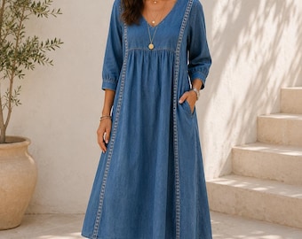 Cotton Linen Maxi Dress, Boho V Neck Summer Dress, Loose Fit Linen Dress with Pockets, Flowy Beach Vacation Dress, Casual Women Dress