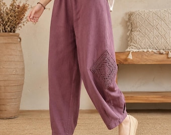 Cotton Linen Harem Pants, High Waist Boho Trousers, Lace Detail Casual Wear
