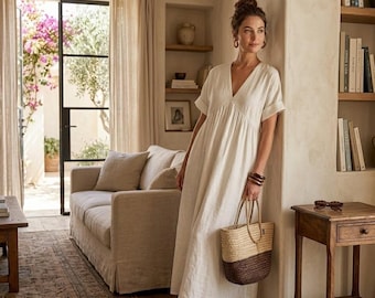 Boho Cotton Linen Maxi Dress, V-Neck Beach Dress with Pockets, Flowy Summer Vacation Dress, Resort Wear Women
