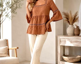 Lace Trim Peplum Blouse, Square Neck Boho Top, Bell Sleeve Cottagecore Shirt