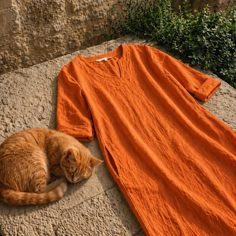 Puede incluir: Un vestido de lino naranja con cuello en V y mangas hasta el codo descansa sobre una superficie de piedra. Un gato atigrado naranja durmiendo est&aacute; acurrucado junto al vestido. El vestido tiene un corte holgado y bolsillos laterales.