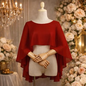Op de afbeelding: Een rode cape-top met een ronde halslijn en zwierige mouwen. Het kledingstuk wordt getoond op een mannequin met houten handen, tegen een achtergrond van bloemen en een kroonluchter. De top is gemaakt van een lichte, transparante stof.