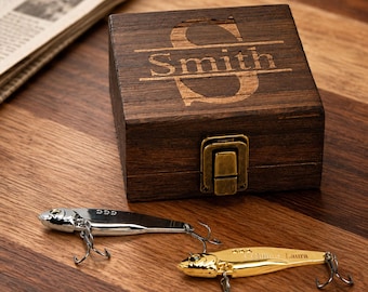 Custom Fishing Lure Set With Wooden Box | Husband Anniversary Fishing Gift | Personalized Engraved Fishing Lure | Outdoor Keepsake For Him