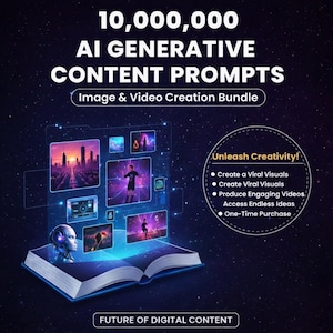 May include: A digital graphic featuring an open book with glowing blue screens displaying various images, including a robot and cityscapes. Text reads 10,000,000 AI GENERATIVE CONTENT PROMPTS, Image & Video Creation Bundle, Unleash Creativity!, and FUTURE OF DIGITAL CONTENT.