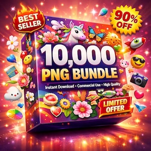 Op de afbeelding: Een levendige digitale kunstbundelbox met de tekst "10.000 PNG BUNDLE". De doos is versierd met een eenhoorn, bloemen en andere kleurrijke graphics. Bevat de tekst "Best Seller", "90% OFF", "Limited Offer" en "Instant Download • Commercial Use • High Quality".