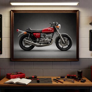 May include: Framed image of a red and black Suzuki motorcycle. The motorcycle has chrome accents and is displayed in a workshop setting. Tools and equipment are visible on the walls and workbench.
