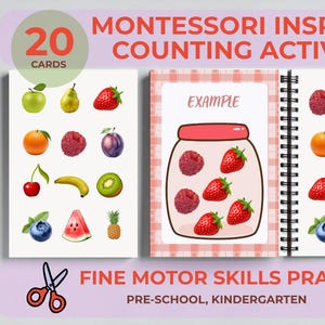 Op de afbeelding: Montessori-geïnspireerde telactiviteitenset met 20 kaarten. De set bevat kleurrijke illustraties van fruit en een pot met aardbeien. De tekst op de afbeelding luidt "Fine Motor Skills Practice" en "Pre-School, Kindergarten".