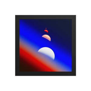 May include: Framed art print featuring a celestial design. The artwork showcases a gradient of colors, including red, white, and blue, with several spherical shapes resembling planets or moons. The print is encased in a black frame.