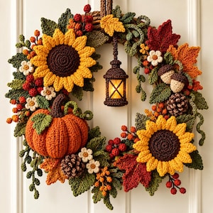 May include: A decorative wreath featuring crocheted sunflowers, a bright orange pumpkin, red berries, maple leaves, acorns, and pinecones. A small, dark brown crocheted lantern with a warm glowing light hangs from the top centre of the wreath.