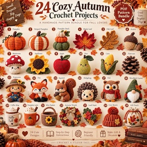 Op de afbeelding: Een digitale catalogus getiteld 24 Cozy Autumn Crochet Projects met afbeeldingen van vierentwintig handgemaakte items, waaronder pompoenen, bladeren, een eikel, een paddenstoel, een zonnebloem, een appel, een peer, maïs, een dennenappel, een vogelverschrikker, een vos, een eekhoorn, een egel, een uil, een kabouter, een koffiemok, een pompoenlatte, een mandje, een krans, een hart, een muts en een cadeauzakje.