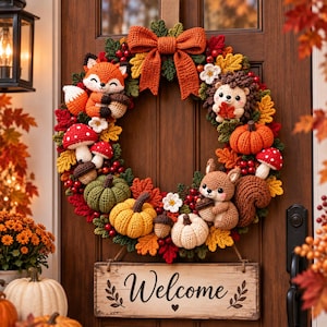 May include: A decorative autumn wreath featuring crocheted figures of a fox, a hedgehog, and a squirrel, accented with crocheted pumpkins, mushrooms, acorns, and leaves. A large orange bow sits at the top, and a wooden sign reads Welcome.