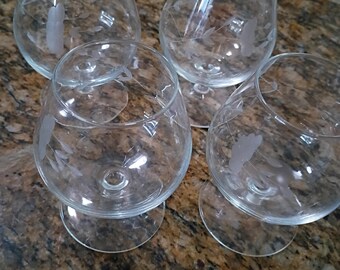 4 Princess House Heritage Crystal Etched Brandy Snifters Cognac Glasses 404
