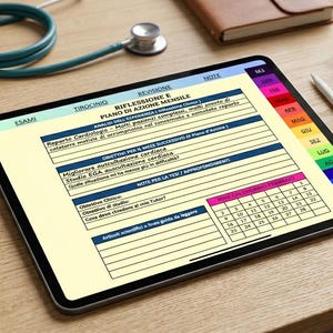 Può includere: Un tablet digitale che mostra un pianificatore medico con testo in italiano, uno stetoscopio e una penna su una superficie di legno. Il pianificatore include sezioni per esami, revisioni e note, con un calendario e schede a colori.