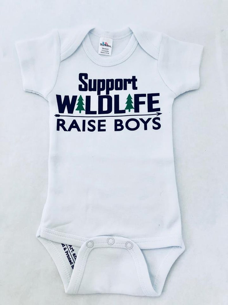 Newborn Support Wildlife Raise Boys Bodysuit, Newborn Boy Clothes, Funny Baby Boy Outfit, Mom of Boys, Baby Shower Gift for Boys, Boy Gift image 3