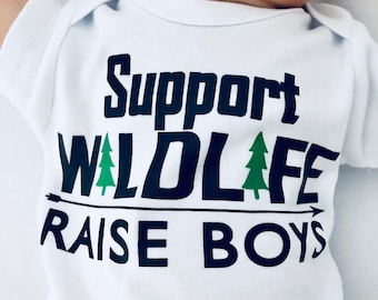 Newborn Support Wildlife - Raise Boys Bodysuit, Newborn Boy Clothes, Funny Baby Boy Outfit, Mom of Boys, Baby Shower Gift for Boys, Boy Gift