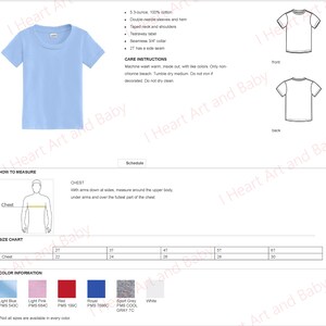 Puede incluir: Una tabla de tallas para una camiseta azul claro con una descripci&oacute;n de la tela y las instrucciones de cuidado. La tabla muestra las medidas del pecho en pulgadas para las tallas 2T, 3T, 4T, 5T y 6T. Los colores disponibles para la camiseta son azul claro, rosa claro, rojo, azul real, gris deportivo y blanco.