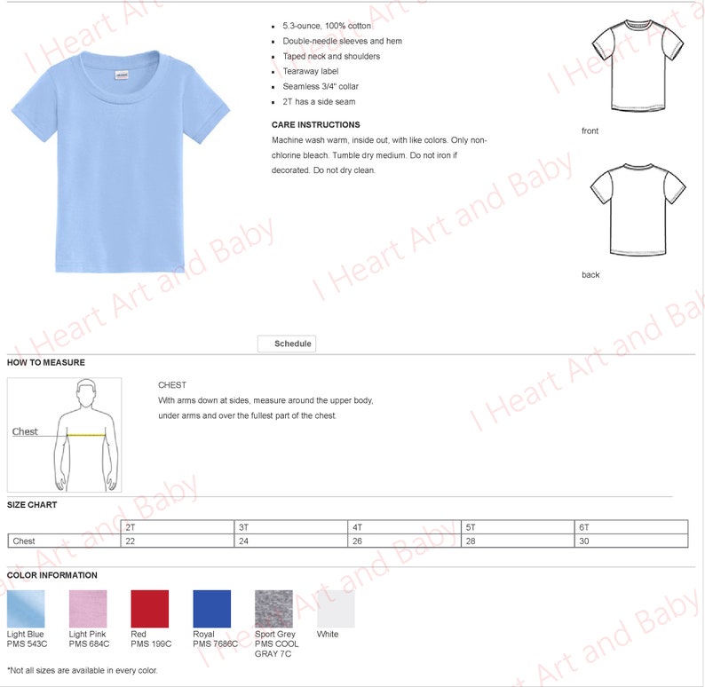 Puede incluir: Una tabla de tallas para una camiseta azul claro con una descripci&oacute;n de la tela y las instrucciones de cuidado. La tabla muestra las medidas del pecho en pulgadas para las tallas 2T, 3T, 4T, 5T y 6T. Los colores disponibles para la camiseta son azul claro, rosa claro, rojo, azul real, gris deportivo y blanco.
