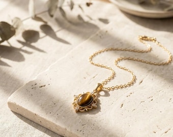 Gold Tiger Eye Pendant Necklace, Vintage Floral Charm, 14K Plated Jewelry, Adjustable Chain