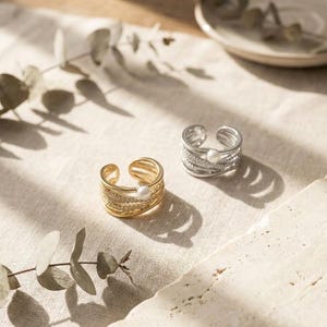 Adjustable Pearl Open Ring, Gold Silver Layered CZ Statement Band