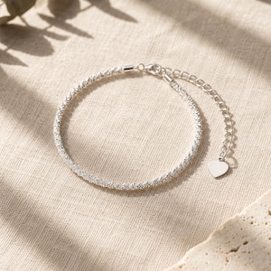 Dainty Crystal Tennis Bracelet, Silver Chain, Heart Charm Extender, Minimalist Rhinestone