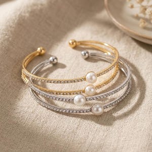 Pulsera tipo brazalete de perlas, oro y plata, doble capa, ajustable, joyería nupcial.