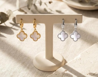 Four Leaf Clover Hoop Earrings | Mother of Pearl Drop Jewelry, Gold/Silver Plated