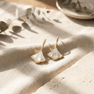 Gold Ginkgo Leaf Shell Drop Earrings, Dainty Minimalist Bridal Jewelry