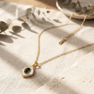 Gold Green Gemstone Pendant Necklace, Vintage Shell Frame, Minimalist Luxury Jewelry