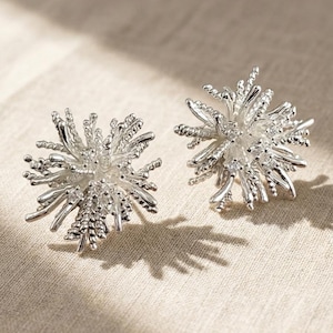Sculptural Starburst Stud Earrings, Silver-Tone Copper, Vintage Abstract Art Jewelry