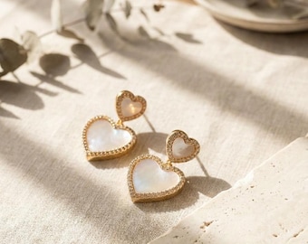Gold Mother of Pearl Heart Earrings, French Vintage Drop, Coquette Jewelry, Women's Luxury
