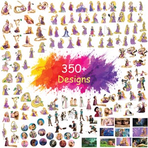 May include: A collection of over 350 digital illustrations featuring a blonde character with long hair in a purple dress, various male characters, a horse, and a chameleon, with the text 350+ Designs centered on a colorful paint splatter.