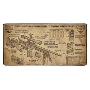 May include: A rectangular, tan-colored mat featuring an exploded diagram of a modular precision rifle system. The diagram includes detailed illustrations of rifle components, ballistic data, and range operations references. Text labels and diagrams provide technical information.