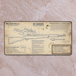 Może przedstawiać: Szczegółowy schemat karabinu M1 Garand, wydrukowany na postarzanym papierze. Diagram zawiera ilustracje komponentów i instrukcje montażu. Tekst opisuje konserwację i kontekst historyczny karabinu, z wymiarami w cm.