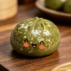 Puede incluir: Un objeto verde en forma de bola de masa con una cara sonriente y detalles de purpurina dorada. La bola de masa tiene una parte superior plisada y está sobre una superficie de madera. La cara de dibujos animados tiene ojos negros, boca negra y mejillas naranjas.