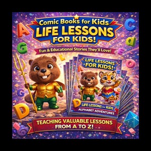 May include: A vibrant illustration for children's comic books. The cover features a cartoon beaver holding a trident, with the text "Comic Books for Kids LIFE LESSONS FOR KIDS!" and "Fun & Educational Stories They'll Love!"