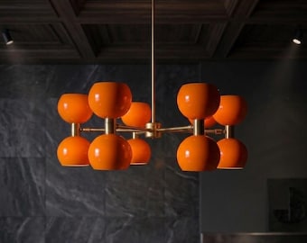 Lámpara de araña moderna de mediados de siglo con 10 luces, pantalla esférica de color personalizado, lámpara de araña Sputnik de latón, lámpara de techo moderna, iluminación escandinava.