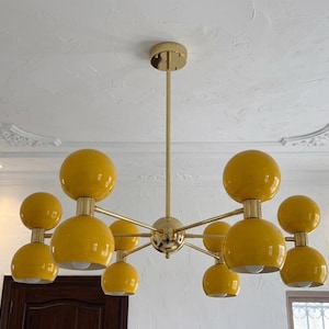 Mid Century Modern Chandelier 12 Light, Yellow Globe Brass Chandelier, Sputnik Ceiling Light, Modern Dining Room Fixture Sputnik Light Décor