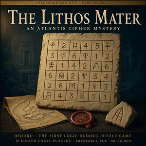 Op de afbeelding: Afbeelding van een stenen puzzelspel getiteld "The Lithos Mater" met het thema "An Atlantis Cipher Mystery". De afbeelding toont een stenen tablet met een raster van symbolen en getallen, een kaart, een zegel en een kleine steen met een symbool. De tekst "DEDUKU" is ook zichtbaar.