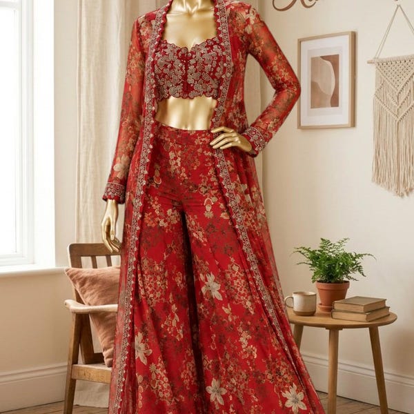 Floral Print Sequins Embroidered Wedding Party Wear Indo Western outfit - Faux Georgette Silk Designer Top with Sharara and Shrug