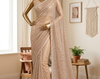 Original Beads Work Netting Saree and Blouse - Made Ready Wear Pre Stitch Pleated Sari and Custom Stitch Top - Wedding Party Soft Net Sari