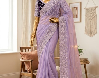 Wedding Party Wear Designer Hand Crafted Organza Sari and Top - Made Ready Wear Pre Stitch Pleated Saree and Custom Stitch Blouse