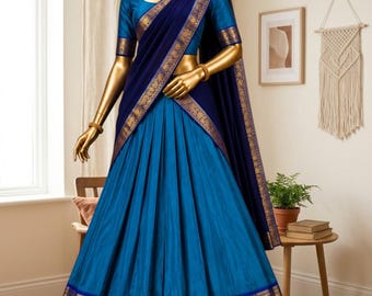Kanjivaram Silk Zari Weaving Work Half Saree with Custom Stitch Choli and Voni Dupatta - South Girl Half Saree Voni