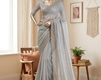 Space Tissue Silk Jarkan Work Saree and Blouse - Made Ready Wear Pleated Sari and Custom Stitch Top - Wedding Party Saree