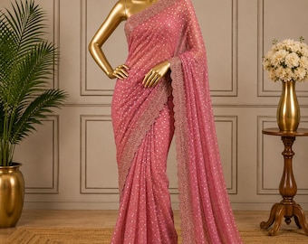 Space Tissue Silk Jarkan and Stone Work Saree and Blouse - Made Ready Wear Pre Stitched Pleated Sari and Custom Stitch Top