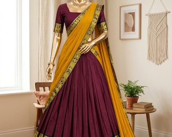 Kanchi Cotton Zari Weaving Work Half Saree with Custom Stitch Choli and Voni Dupatta - South Girl Half Saree Voni