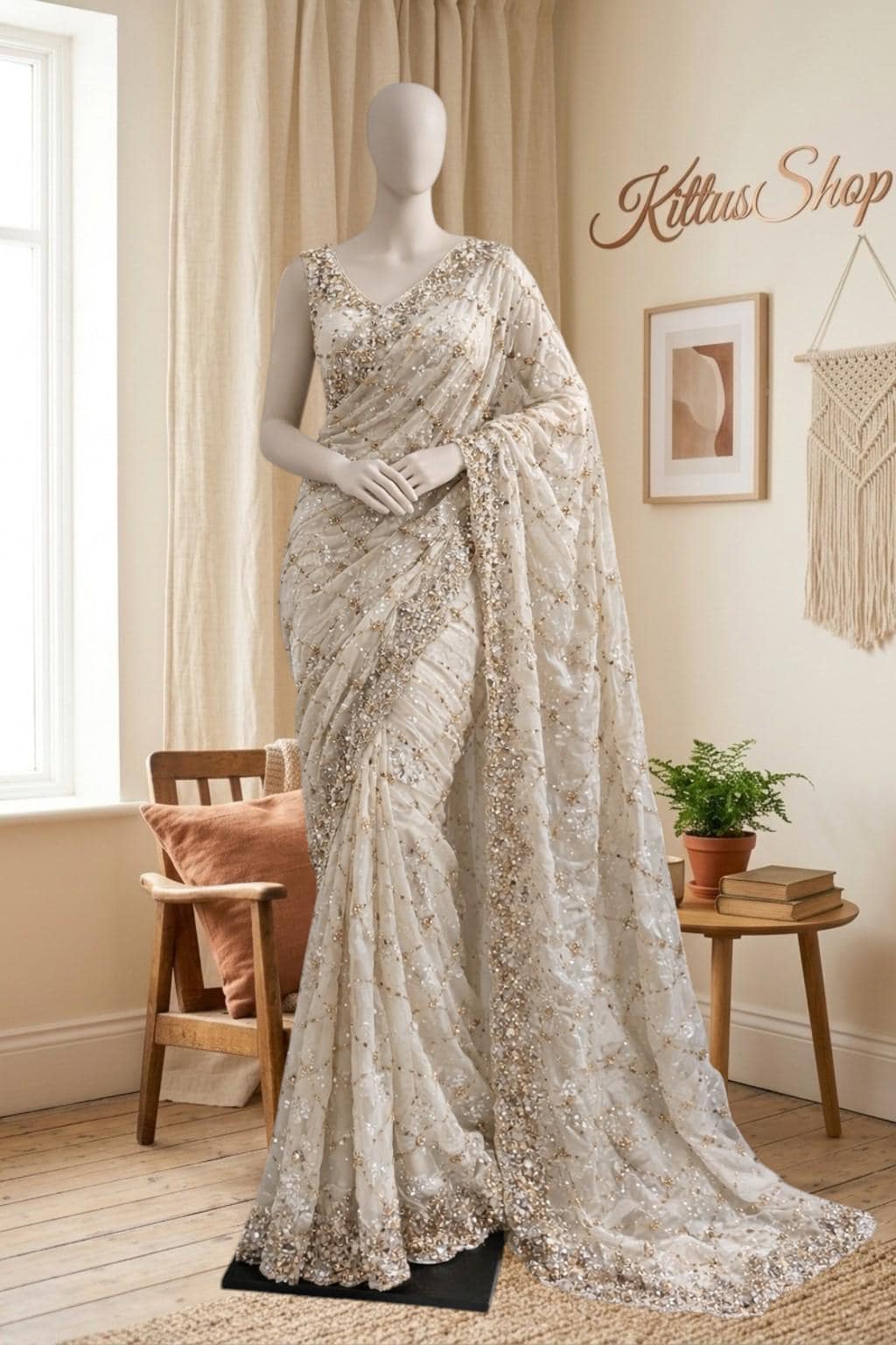 Vrouwen Netto Geborduurde Kant Saree Met Ongestikt Blousestuk Vrouwen Netto Geborduurde Kant Saree Met Ongestikt Blousestuk