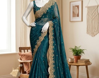 Made Ready Wear Pleated Saree and Custom Stitch Blouse - Wedding Party Wear Sequins Embroidered Hand Crafted Tissue Sari and Top